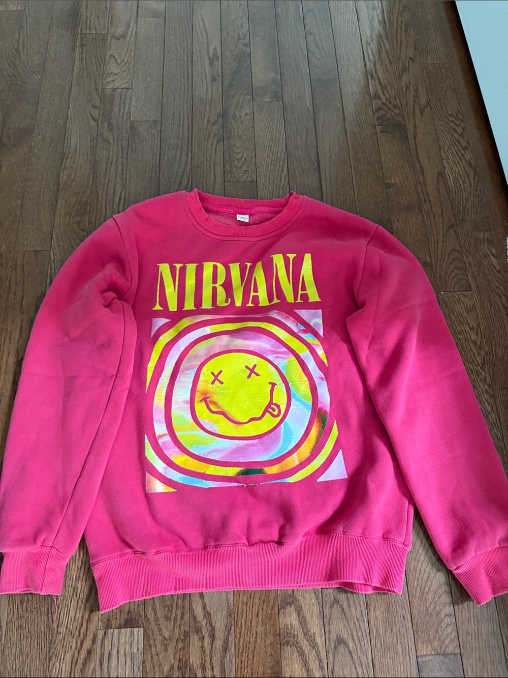 NIRVANA Hot Pink Crewneck with Yellow Smiley Graphic